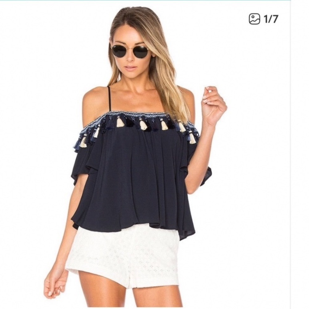 Tularosa Maley Top Navy‎ Blue Cold Shoulder Tassel Boho Blouse Revolve XS